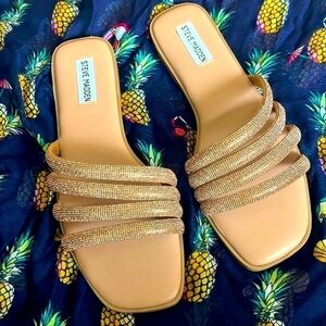 Brand New Steve Madden Rhinestone Multi-Strap Slip-On Sandals Bling Bronze Slide